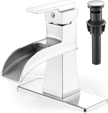 Waterfall Chrome Bathroom Faucet, Brass 4 Inch Bathroom Faucets One Hole or 3 Hole, Single Handle with PP Drain, Deck Plate, Hot and Cold Supply Hoses for RV Lavatory Restroom, 5 Mins Install