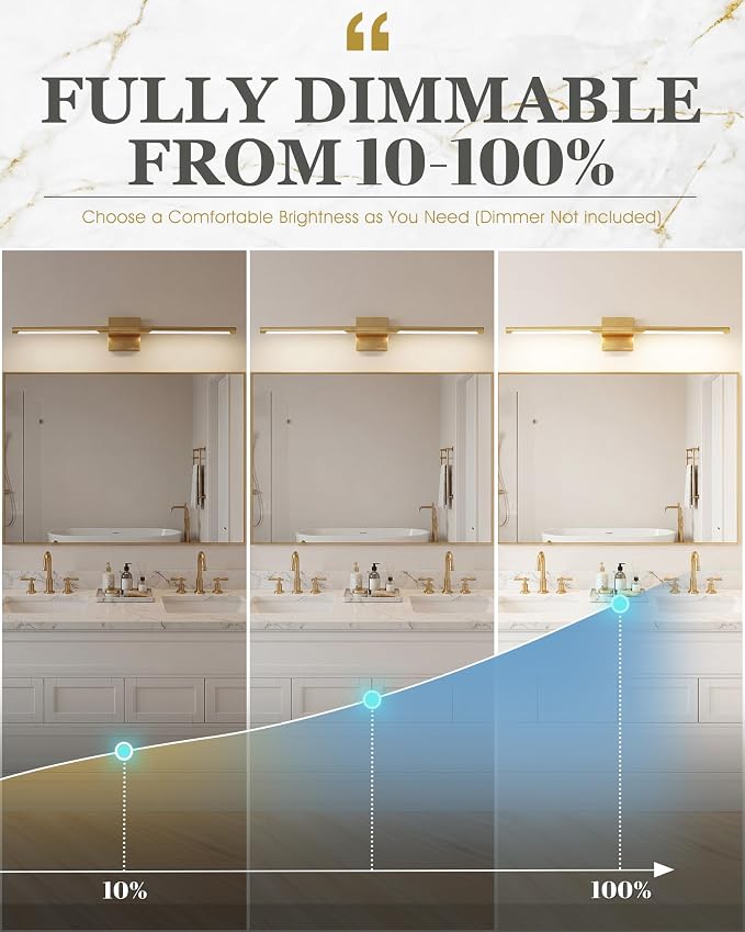 30 Inch Bathroom Light Fixtures, 16W 3CCT Dimmable CRI90 Brushed Gold LED Vanity Lighting Fixtures Over Mirror, 360° Rotatable Modern Bathroom Vanity Light Bar, AD-W9465-L75-GD