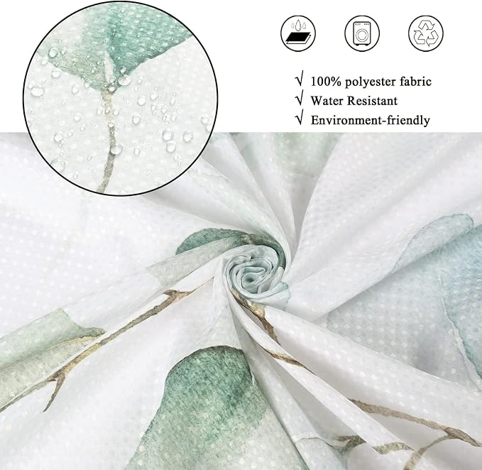 Eucalyptus Leaf Waffle Shower Curtains, Weighted Bottom Sage Green Spring Watercolor Botanical Plants Textured Fabric Bathroom Curtain Bathtub Home Decor Waterproof Washable with Metal Hooks