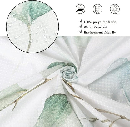 Eucalyptus Leaf Waffle Shower Curtains, Weighted Bottom Sage Green Spring Watercolor Botanical Plants Textured Fabric Bathroom Curtain Bathtub Home Decor Waterproof Washable with Metal Hooks