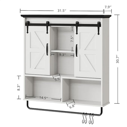 IRONCK Bathroom Wall Cabinet, Farmhouse Medicine Cabinet with Sliding Barn Door and LED Lights, Storage Cabinet Wall Mounted with Adjustable Shelves & Towel Bar for Bathroom, Kitchen, White