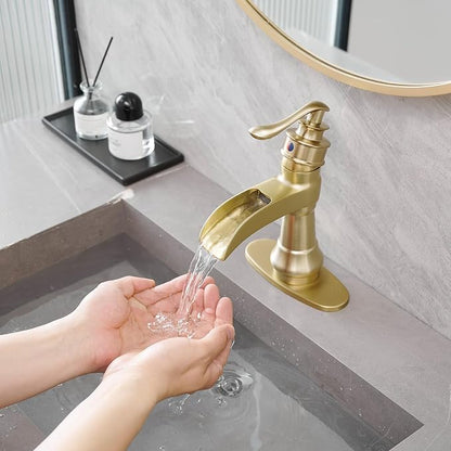 Brushed Gold Bathroom Sink Faucet Waterfall Single-Handle | Single Hole Deck Mounted, Includes Pop Up Drain with Overflow and Supply Lines, Farmhouse, Warm Luxury Metal Tone