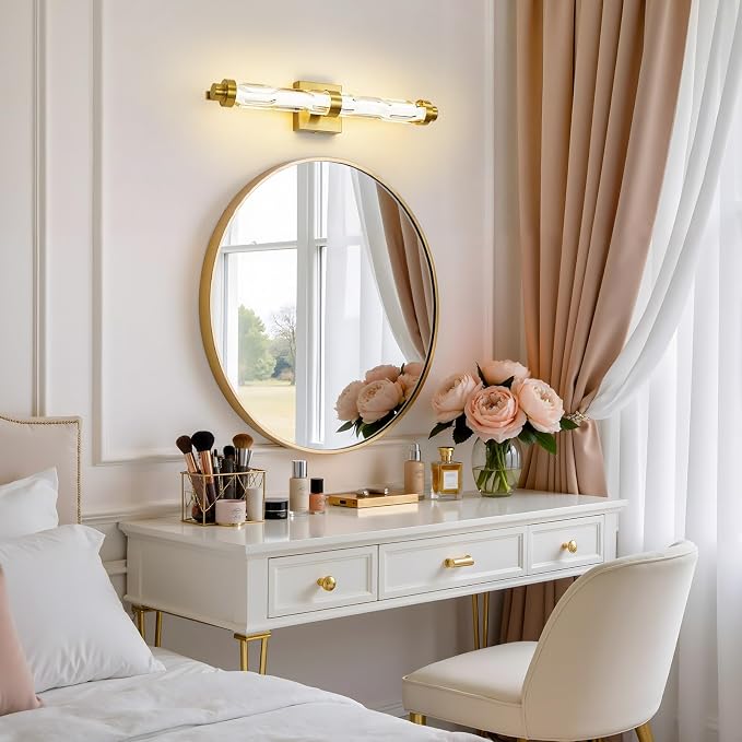 23.6" Gold Wall Sconce, Modern Vanity Light with Ripple Glass Shade, 5CCT Dimmable LED Bathroom Wall Lighting 20W for Mirror, Bedroom, Living Room, Hallway