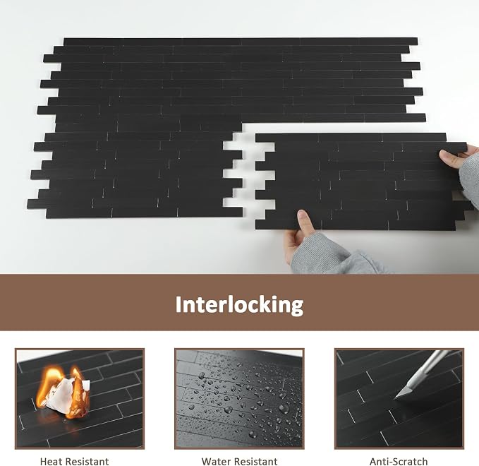 12 Sheets Black Peel and Stick Backsplash, Brushed Metal Subway Linear Tile for Kitchen Fireplace