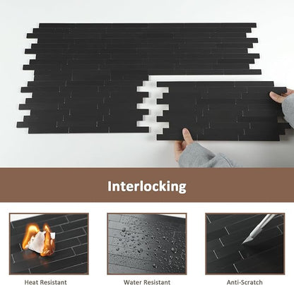 12 Sheets Black Peel and Stick Backsplash, Brushed Metal Subway Linear Tile for Kitchen Fireplace