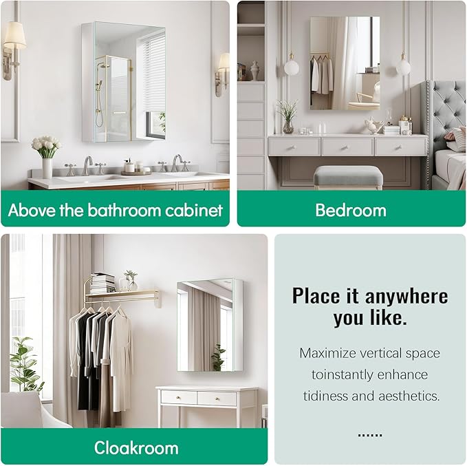 24 x 32 Medicine Cabinet Mirror, Mount or Recessed Bathroom Mirror with Storage, Aluminum Framed Medicine Cabinet with Adjustable Shelves for Bathroom Vanity Modern Farmhouse