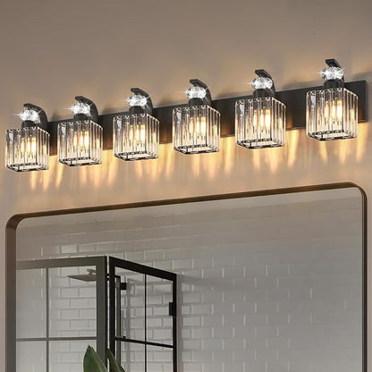 Modern Bathroom Vanity Light, 6-Light Black Bathroom Lighting Fixtures Over Mirror, 44.1" Crystal Wall Light Sconce for Bathroom/Bedroom/Vanity, Includes LED Bulbs, Easy Installation