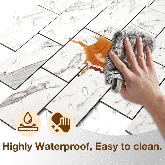Peel and Stick Backsplash Tile for Kitchen & Bathroom Walls (Polished Carrara Marble, 10 Tiles - 9.7 sq. ft. (0.9 m²))
