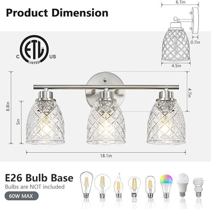 3-Light Bathroom Light Fixtures, Brushed Nickel Vanity Lights Over Mirror | Modern Farmhouse Wall Sconces with Hammered Glass Lampshade for Kitchen Hallway Bedroom Living Room Cabinet Porch-18.1IN