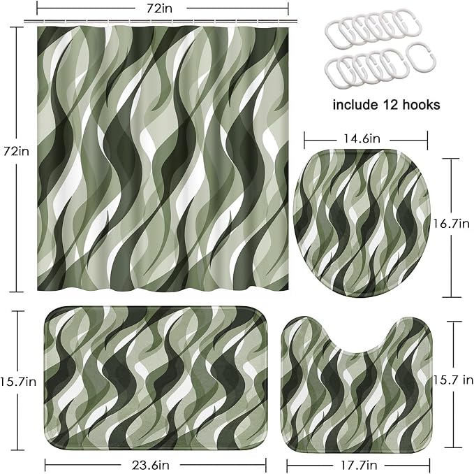 Bathroom Sets with Shower Curtain and Rugs, 4 Pcs, Green Geometric | Abstract Ombre Modern Bathroom Decor Set with Toilet Lid Cover, Non-Slip Bath Mats and Accessories 12 Hooks
