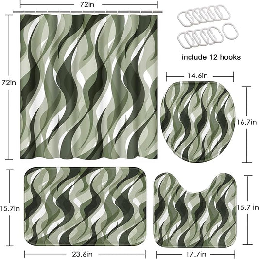 Bathroom Sets with Shower Curtain and Rugs, 4 Pcs, Green Geometric | Abstract Ombre Modern Bathroom Decor Set with Toilet Lid Cover, Non-Slip Bath Mats and Accessories 12 Hooks