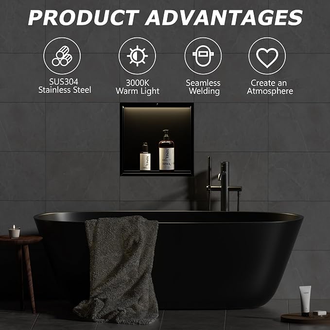 Smart Body Sensor Shower Niche, Black 12"x12" | Recessed Wall Niche with White 3000K LED Light , Waterproof &Rustproof, 304 Stainless Steel Bathroom Cabinet