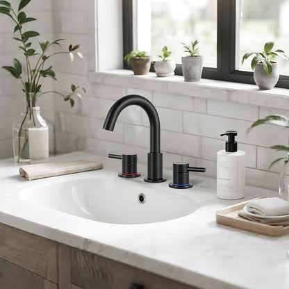 Black 8 Inch Widespread Bathroom Faucet 3 Hole with Pop-up Drain | 2 Handle, 8 Inch 3 Hole Sink, 360° Swivel Spout, RV Vanity, Quick Connect, Supply Hoses, NSF372 NSF61 cUPC