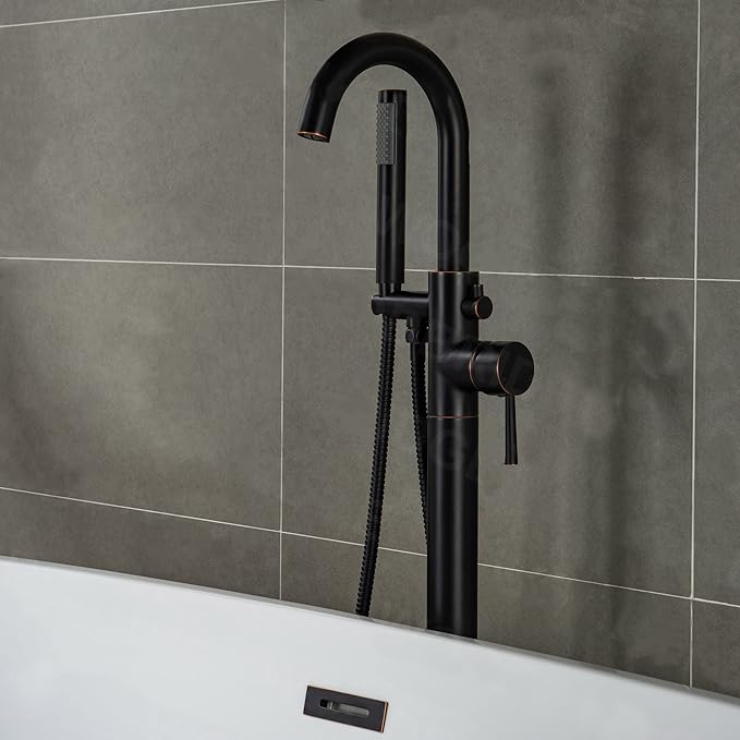 WOODBRIDGE Contemporary Single Handle Floor Mount Freestanding Tub Filler Faucet with Hand shower in Oil Rubbed Bronze Finish, F0010ORBRD
