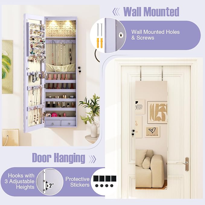 COSTWAY Wall Door Mounted Jewelry Armoire with 47.5" Full Length Mirror & 2 LED Lights, Large Storage Capacity, Lockable Mirror Jewelry Cabinet for Women Girls (Lavender)