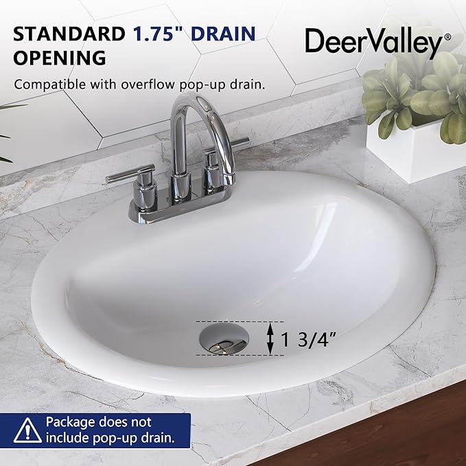 DeerValley 20x17 Inch Oval Ceramic Drop-in Bathroom Sink, White Vessel Sink with Overflow and Three Faucet Holes at 1.25-inch Centers, Modern Art Basin, DV-1DS0120