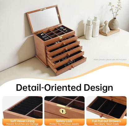 Large Wooden Jewelry Box for Women, Classic 6-layer Jewelry Storage Organizer with Mirror and Lock for Watches, Necklace, Ring (Brown)