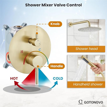 gotonovo Shower System 10 Inch Round Rainfall Showerhead Wall Mounted High Pressure Shower Faucet Set Fixture Combo with Rough in Valve and Cylindrical Handheld Spray, Brushed Gold
