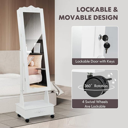 GOFLAME Jewelry Cabinet Armoire Freestanding, Lockable Jewelry Organizer with 3-position Adjustable Angle, Wheels, Full-length Mirror, Bottom Drawer, Jewelry Storage Box for Living Room Bedroom, White