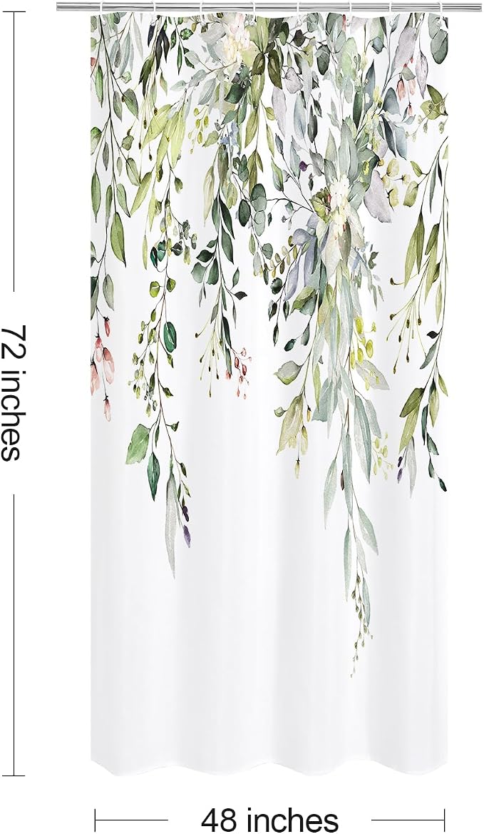 Sage Green Eucalyptus Shower Curtain, Floral Print, 48x72 | Watercolor Plant Leaves Floral Print, Stall Waterproof Fabric Bathroom Decor, Machine Washable, Rustproof Grommets