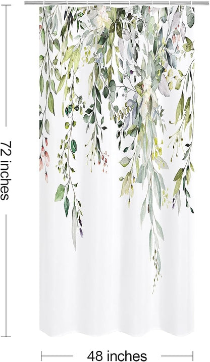 Sage Green Eucalyptus Shower Curtain, Floral Print, 48x72 | Watercolor Plant Leaves Floral Print, Stall Waterproof Fabric Bathroom Decor, Machine Washable, Rustproof Grommets