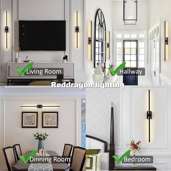 Only Suitable for Small Junction Box Set of 2 Hardwired Dimmable Long Black Tube Wall Sconce Linear Vanity Wall Light for Bathroom Bedroom Living Room Hallway (2 Pack, 32'', Black, Dimmable)