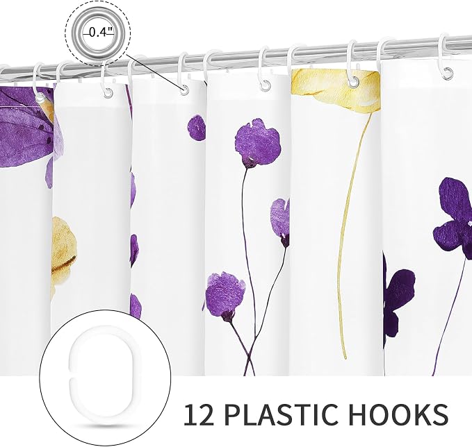 Purple Yellow Watercolor Floral Fabric Shower Curtain, 72x72 | Waterproof Fabric, Modern Minimalist Floral Print, Machine Washable, Rustproof Grommets, for Bathroom Home