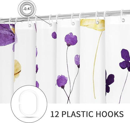 Purple Yellow Watercolor Floral Fabric Shower Curtain, 72x72 | Waterproof Fabric, Modern Minimalist Floral Print, Machine Washable, Rustproof Grommets, for Bathroom Home