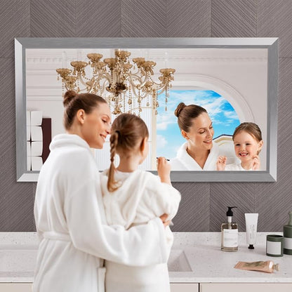 Bathroom Mirror for Wall, 50x30 Inch (Brushed Silver) | HD Reflection, Tempered Glass, Thick Metal Framed Rectangle Mirrors for Over Sink, Bedroom, Living Room, Entryway, Anti-Rust