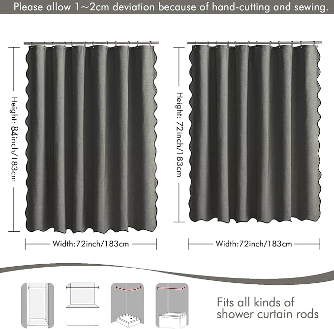 MIULEE Charcoal Grey Scalloped Linen Shower Curtain 72x72 Inches | Linen Textured, Waterproof, Washable, 12 Metal Hooks, Heavy Duty Cloth, Black Border, Shower Curtain for Bathroom Bathtub