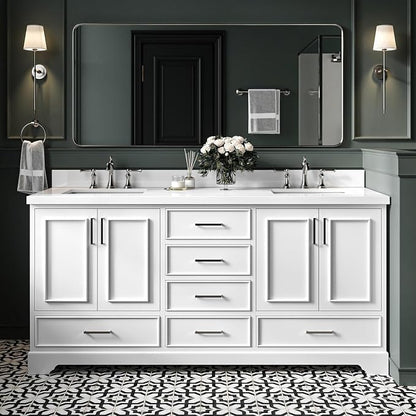 Langford 72-inch White Bathroom Vanity with Left & Right Rectangle Double Sinks, Pure White Quartz Countertop & Backsplash, Solid Wood Frame, Soft-Closing & Dovetail Drawers