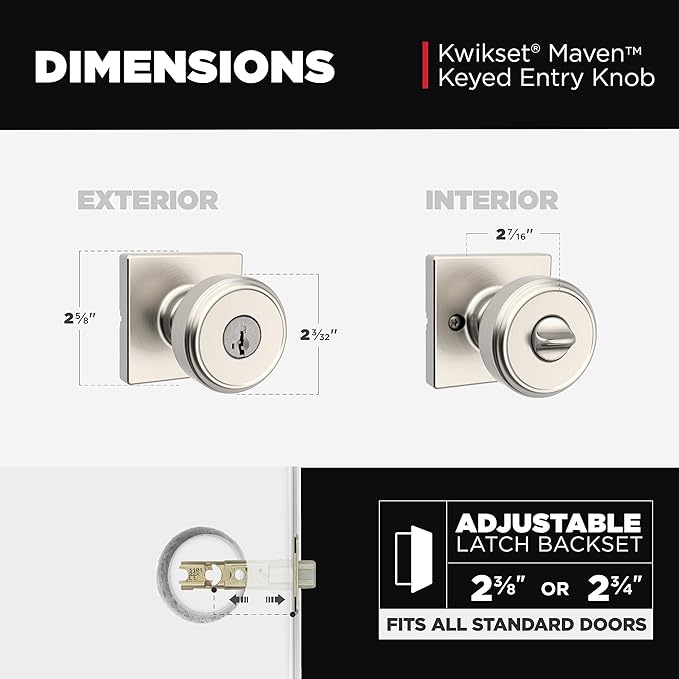 Kwikset Maven Entry Door Knob with Lock and Key, Secure Keyed Handle Exterior, Square Front Entrance and Bedroom, Satin Nickel, Pick Resistant SmartKey Rekey Security and Microban