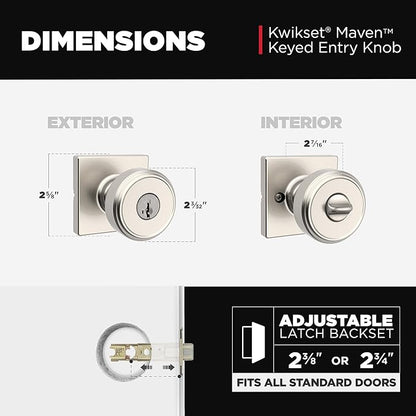 Kwikset Maven Entry Door Knob with Lock and Key, Secure Keyed Handle Exterior, Square Front Entrance and Bedroom, Satin Nickel, Pick Resistant SmartKey Rekey Security and Microban