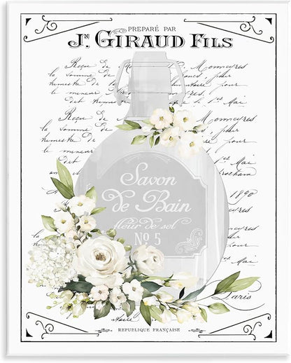 French White Bath Soap Floral, 11 x 14 Inch Mounted Print on Wall Plaque | Stupell Industries · By Lettered and Lined · Ready to hang · Elegant bath and laundry decor · Made in USA
