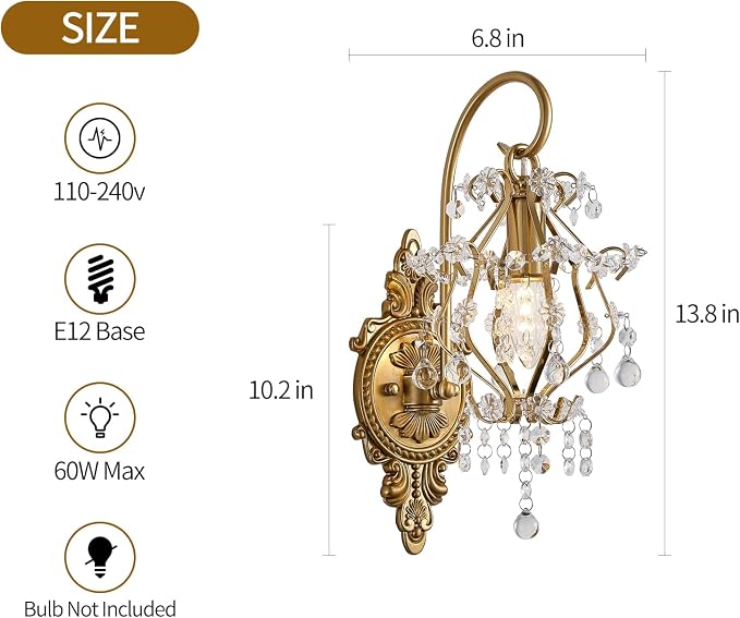 Fetason Indoor Hardwired Gold Crystal Vintage Wall Sconces Light Set of 2 | Modern Wall Mounted Lamp Light Fixture for Bedroom Living Room Bathroom Vanity Light Hallway Light Fixture Decor LED E12