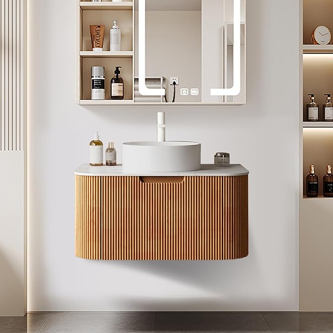 LKTART 30 Inch Floating Bathroom Vanity with Sink, Modern Wall Mounted Bathroom Storage Cabinet with Drawer, Round White Ceramic Sink Top and Marble Texture Top, Natural Wood
