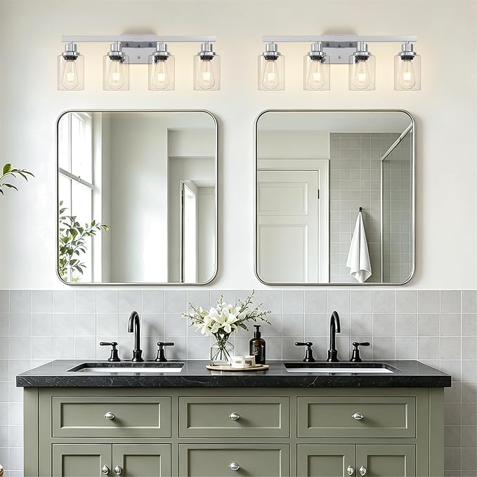 4-Light Chrome Vanity Lights,24" Bathroom Light Fixtures | Modern Polished Chrome Bathroom Lighting over Mirror with Clear Glass Shades,Farmhouse Bathroom Wall Sconece over Sink,E26