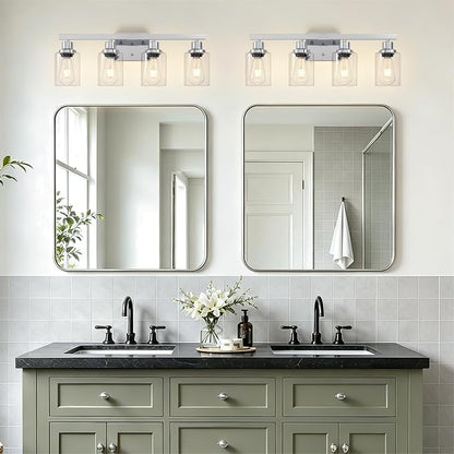 4-Light Chrome Vanity Lights,24" Bathroom Light Fixtures | Modern Polished Chrome Bathroom Lighting over Mirror with Clear Glass Shades,Farmhouse Bathroom Wall Sconece over Sink,E26