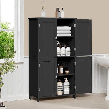 Bathroom Cabinet with Adjustable Shelf Freestanding Storage Cabinet with 2 Doors Wooden Organizer Floor for Bathroom Kitchen and Living Room (Black, 4 Doors)