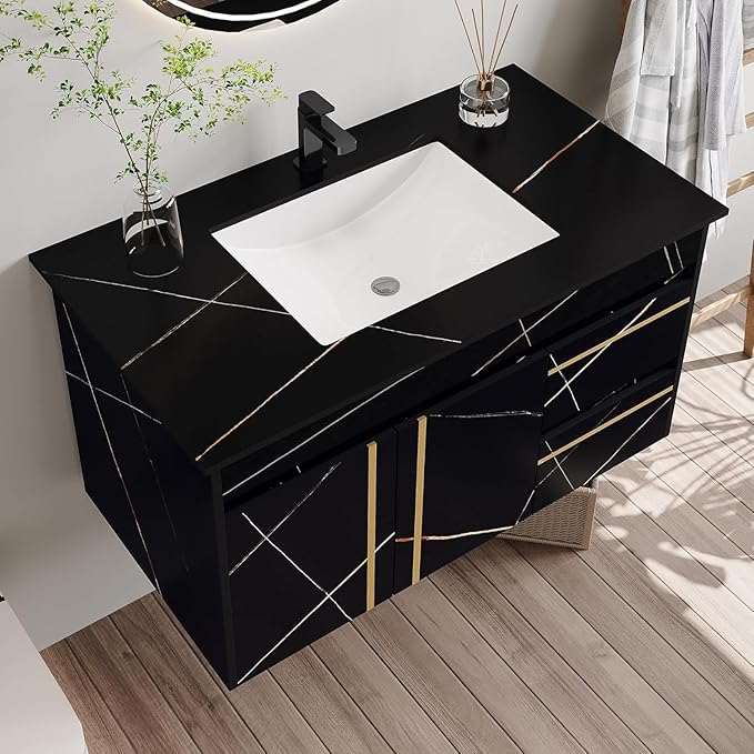 Pvillez 36 inch Bathroom Vanity with Ceramic Sink and Sinter Stone Marble Counter Top Modern Black Wall Mounted Floating Bathroom Sink Cabinet with 2 Drawers, 1 Cupboard and Gold Metal