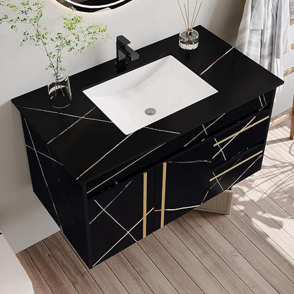 Pvillez 36 inch Bathroom Vanity with Ceramic Sink and Sinter Stone Marble Counter Top Modern Black Wall Mounted Floating Bathroom Sink Cabinet with 2 Drawers, 1 Cupboard and Gold Metal