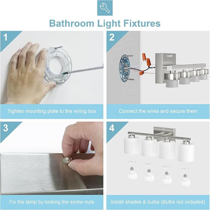 Honesorn 4-Light Bathroom Light Fixtures Over Mirror, Brushed Nickel | Bathroom Light with Milky White Frosted Shades, Anti-Rust Finish, E26 Socket(Bulbs Not Included)
