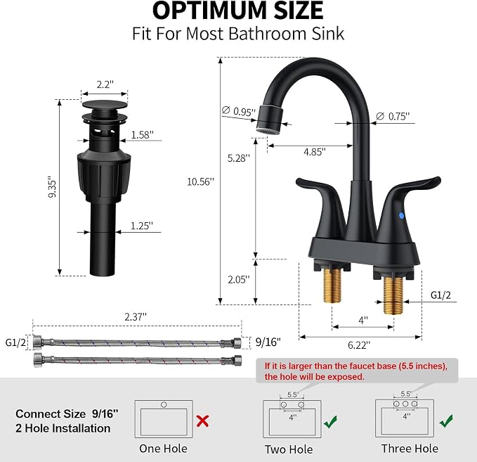 Bathroom Sink Faucet 4 inch, NSF Certified, 3 Hole, Matte Black | 2 or 3 Hole, Vanity Faucet with Pop-up Drain and 2 Supply Hoses, 2 Handle Touch on Bathroom Sink Faucets