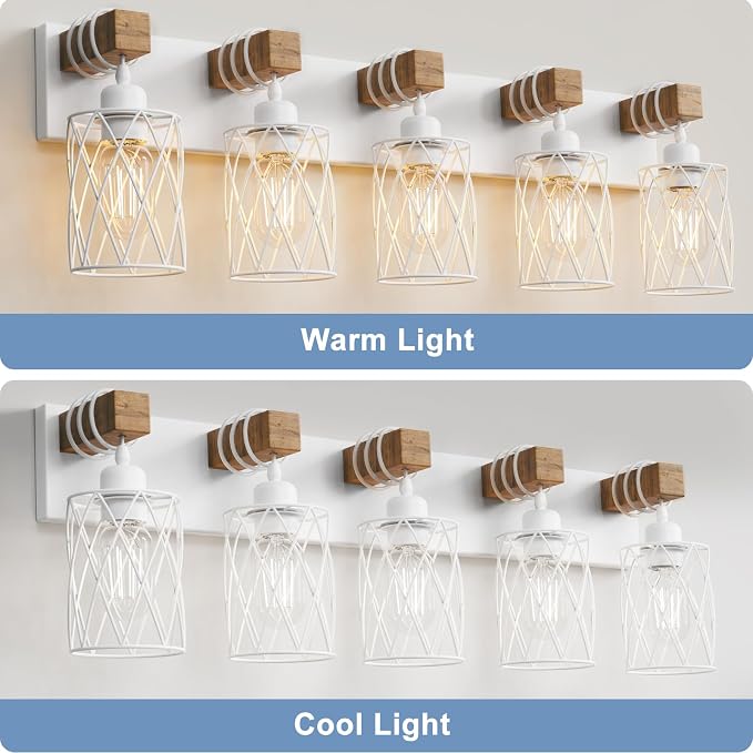 IZORRO Farmhouse Bathroom Vanity Light, 5-Light Wood Bathroom Light Fixtures Over Mirror, Matte White Industrial Vanity Lights with Metal Shade, Rustic Restroom Lighting Fixtures