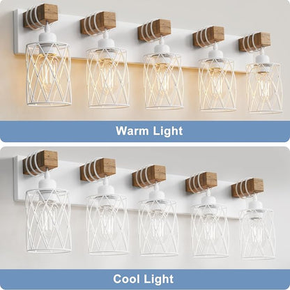 IZORRO Farmhouse Bathroom Vanity Light, 5-Light Wood Bathroom Light Fixtures Over Mirror, Matte White Industrial Vanity Lights with Metal Shade, Rustic Restroom Lighting Fixtures