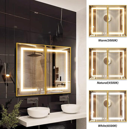 APRILSOUL 40x32 Inch Lighted Bathroom Medicine Cabinet with Mirror, Gold Recessed or Surface Mount Medicine Cabinet Mirror with Storage and LED Lights, 3 Colors Temperature, Dimmable Light