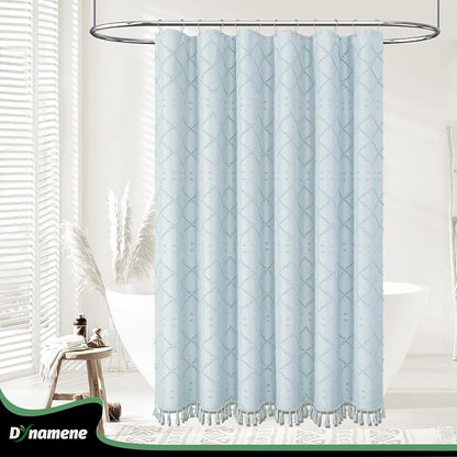 Stall Boho Shower Curtain Tufted Geometric 36"x72" Fog Blue | Narrow Half Size, Elegant Tassel, Soft Lightweight Textured Fabric, Water Repellent, Washable, for Bathroom/Dorm 6 Hooks