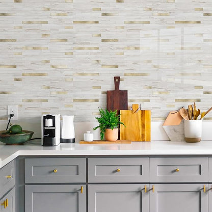 STICKGOO 2 Sheets Peel and Stick Backsplash Tile, Stick on Backsplash for Kitchen and Bathroom, Glossy Eurasian Wood Grain PVC Mixed Metal Gold Self Adhesive Wall Tiles
