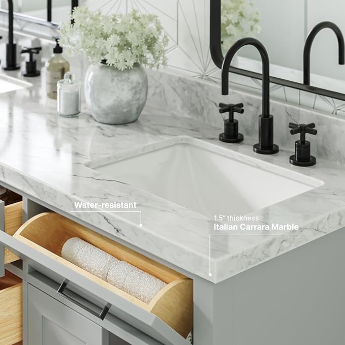 ARIEL Hepburn 66-inch Bathroom Vanity with Sink,Solid Wood, 1.5-inch Italian Carrara Marble Countertop, Double Rectangular Porcelain Sink, 4 Soft Closing Doors, 6 Dovetail Drawers, Grey
