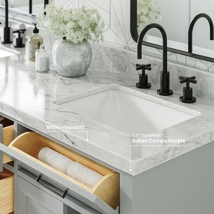 ARIEL Hepburn 66-inch Bathroom Vanity with Sink,Solid Wood, 1.5-inch Italian Carrara Marble Countertop, Double Rectangular Porcelain Sink, 4 Soft Closing Doors, 6 Dovetail Drawers, Grey